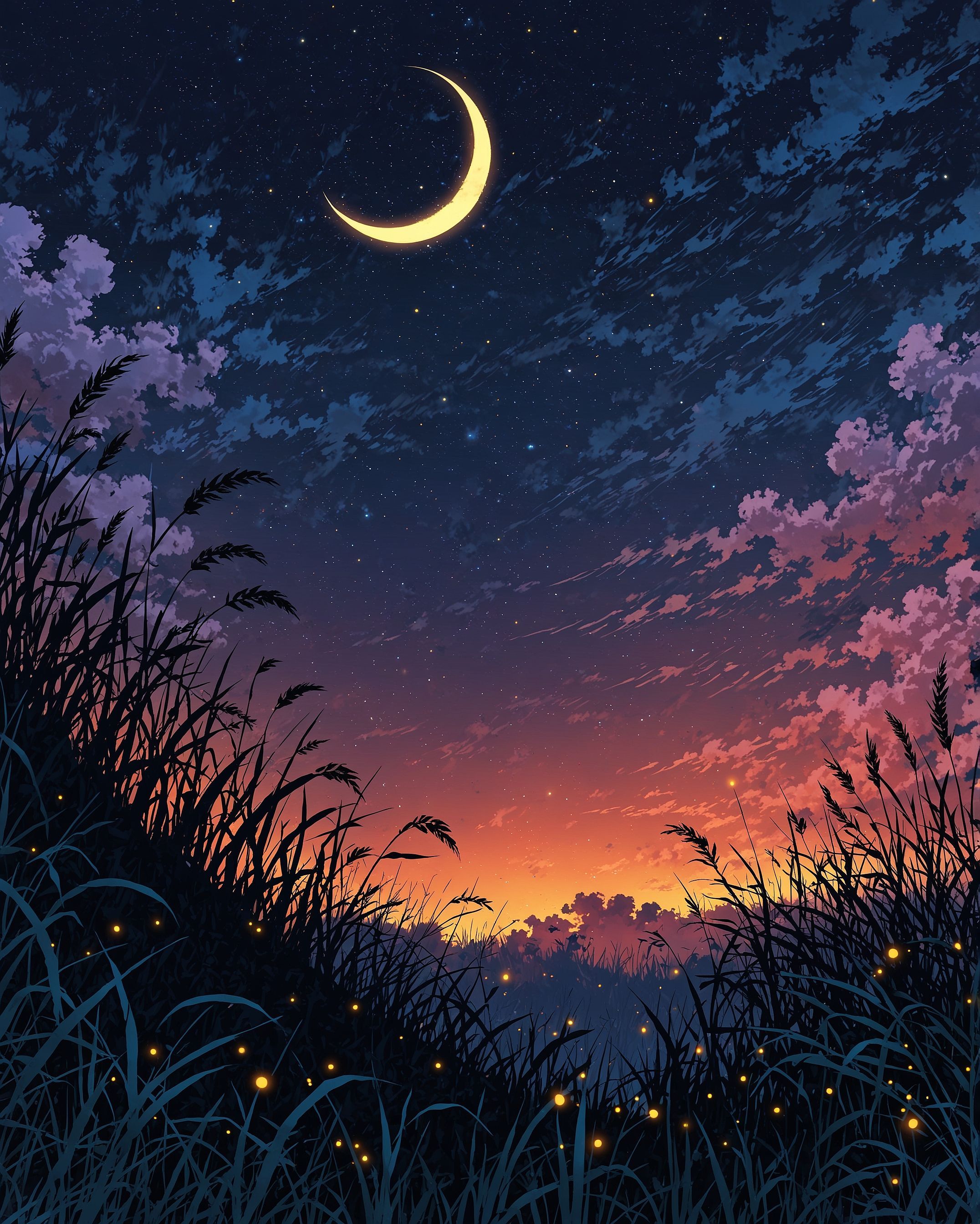 Crescent moon night landscape