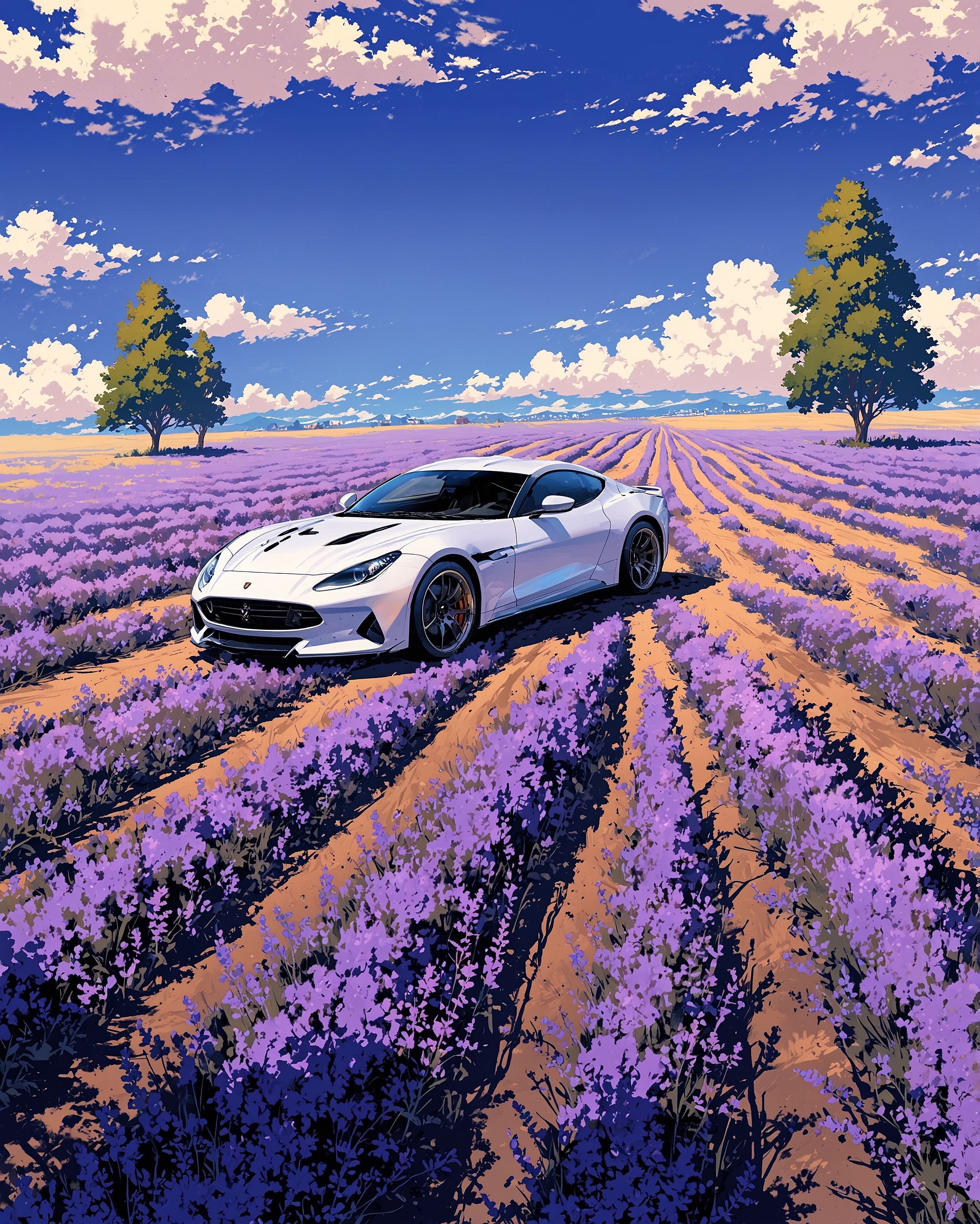 White sports car in lavender field