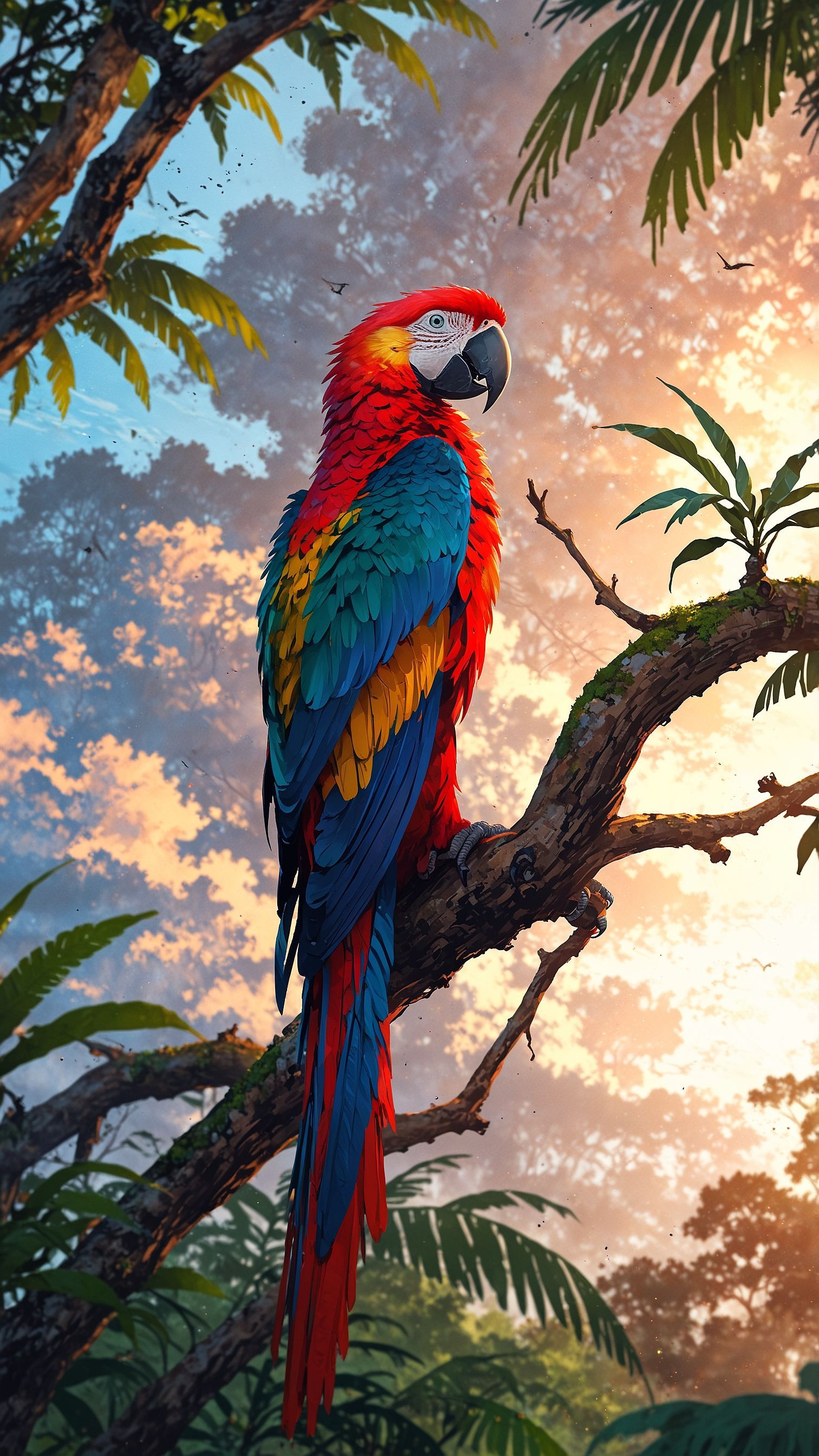 Scarlet macaw at dawn in rainforest