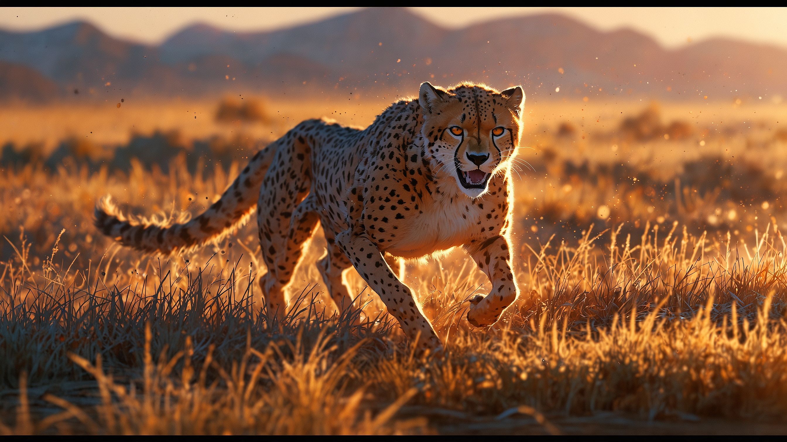Cheetah sprinting through dry grass