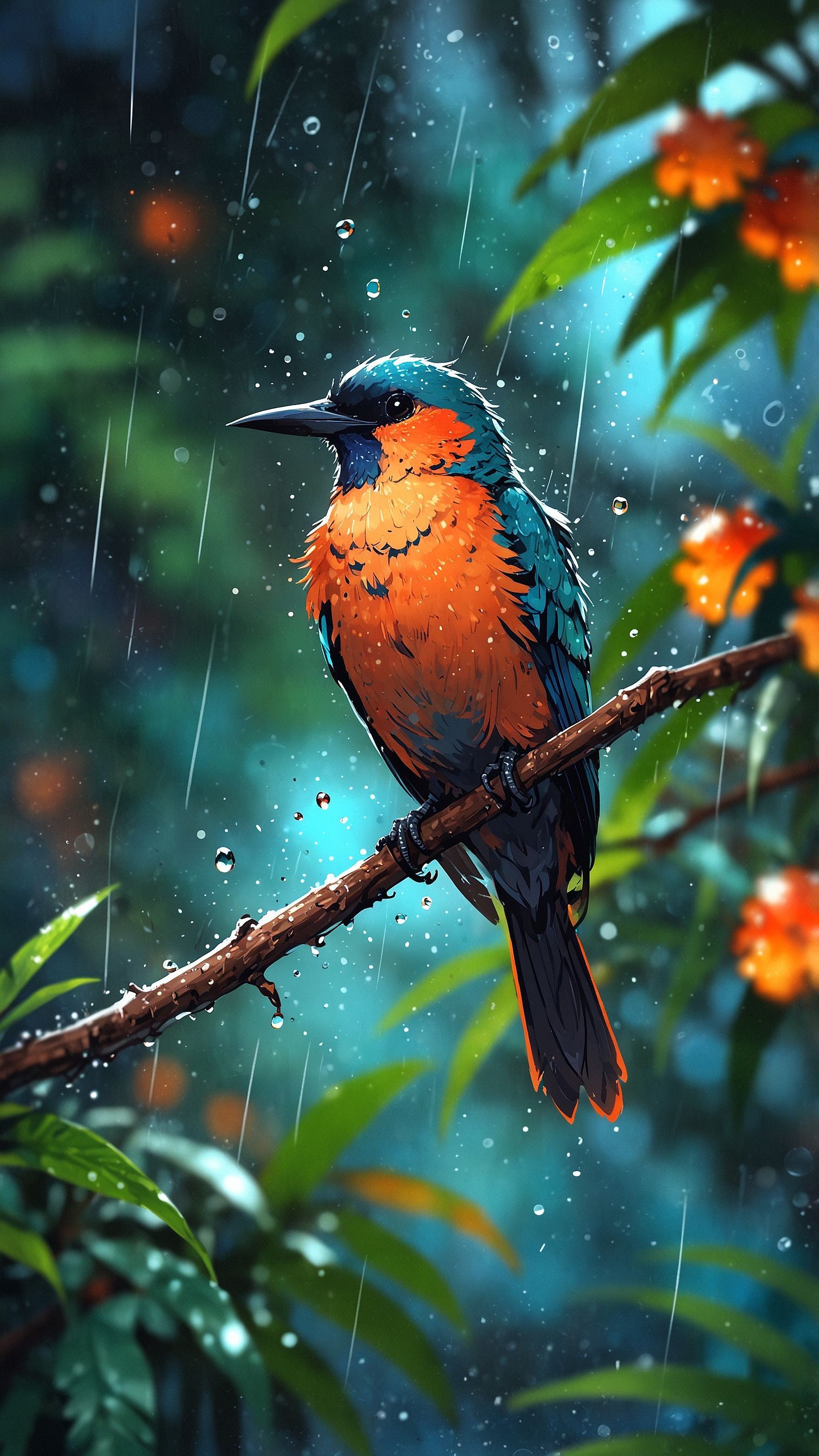 Tropical bird in rainstorm