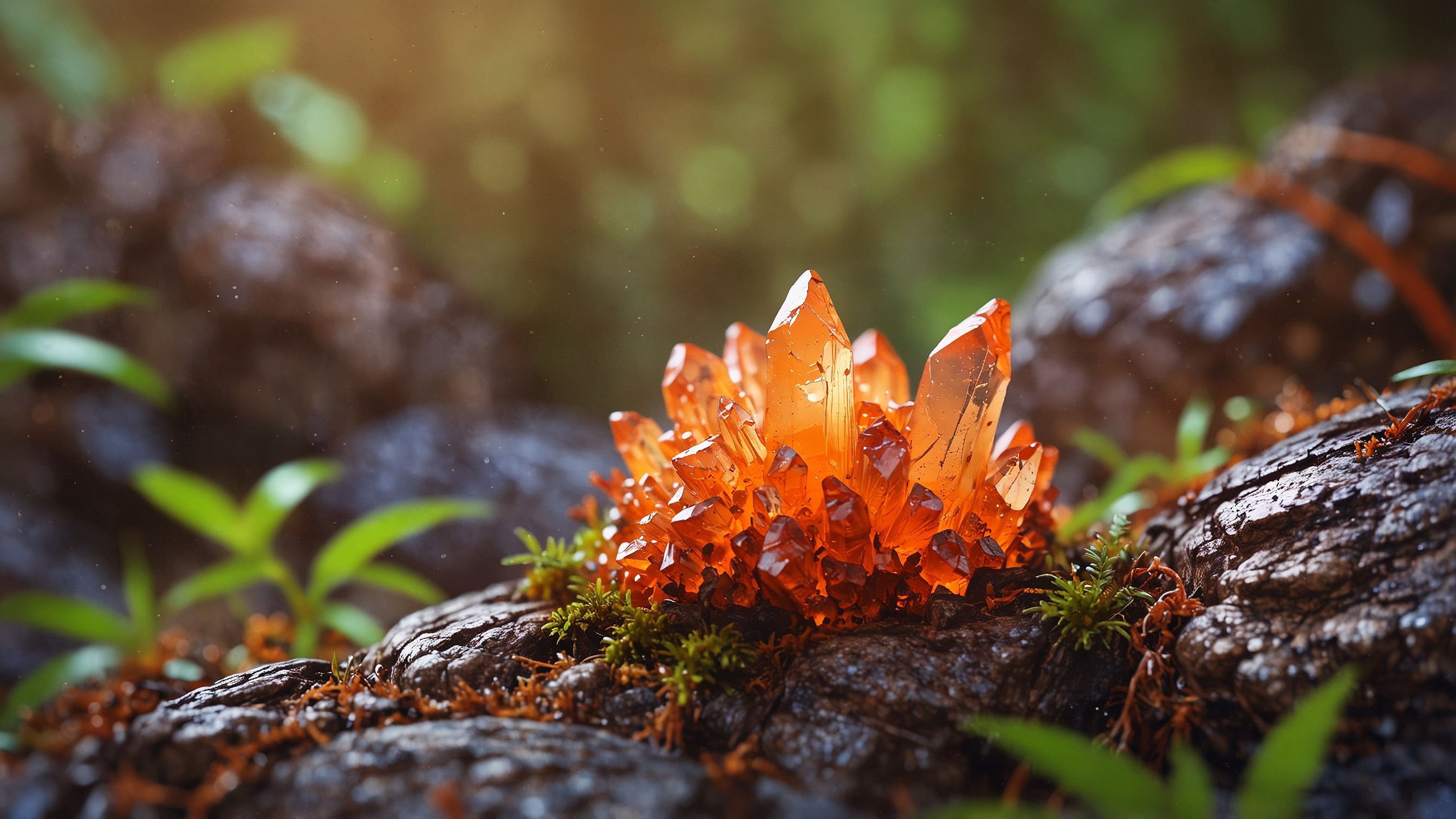 Orange quartz crystal cluster in forest