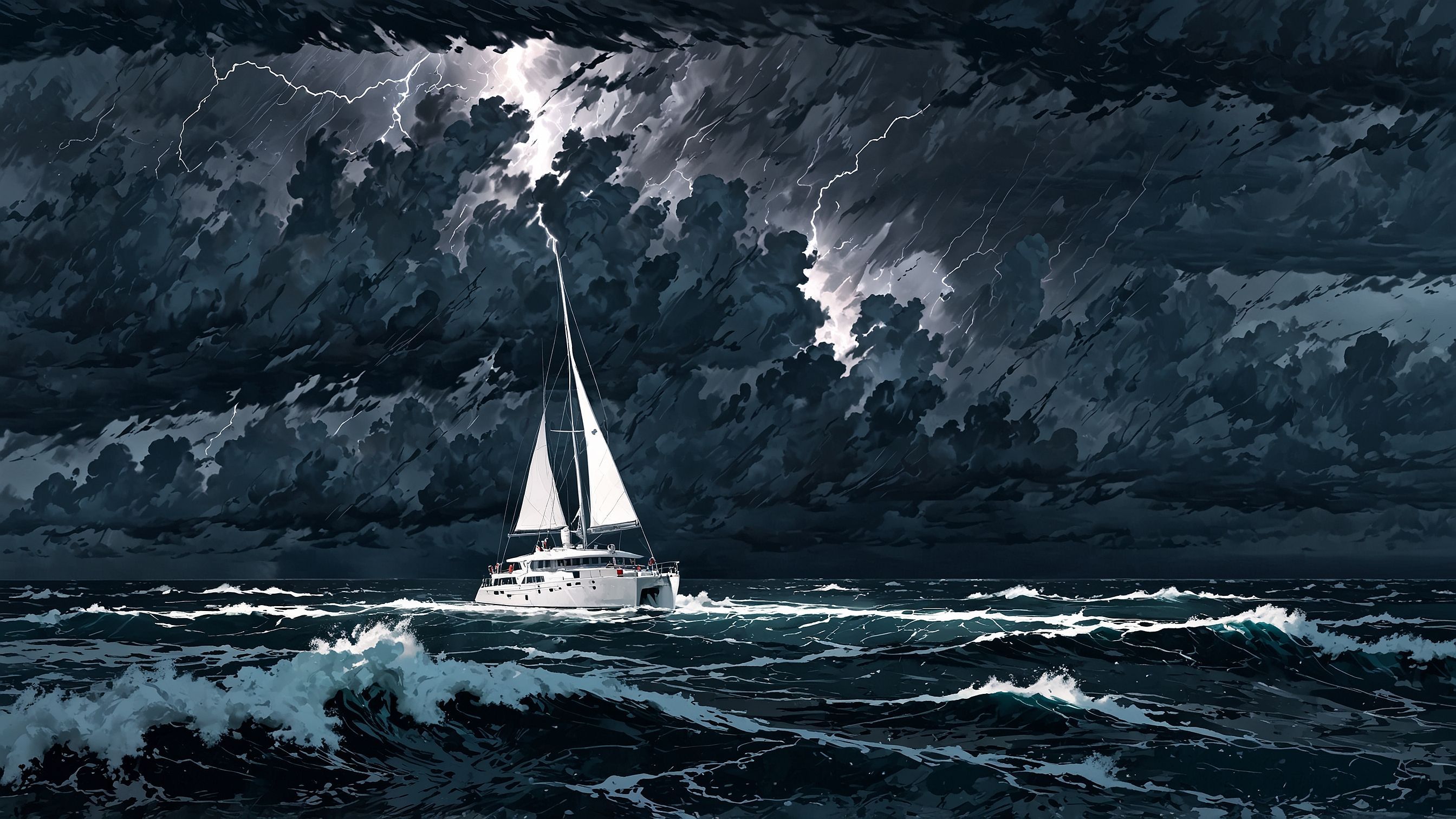 Yacht navigating through storm