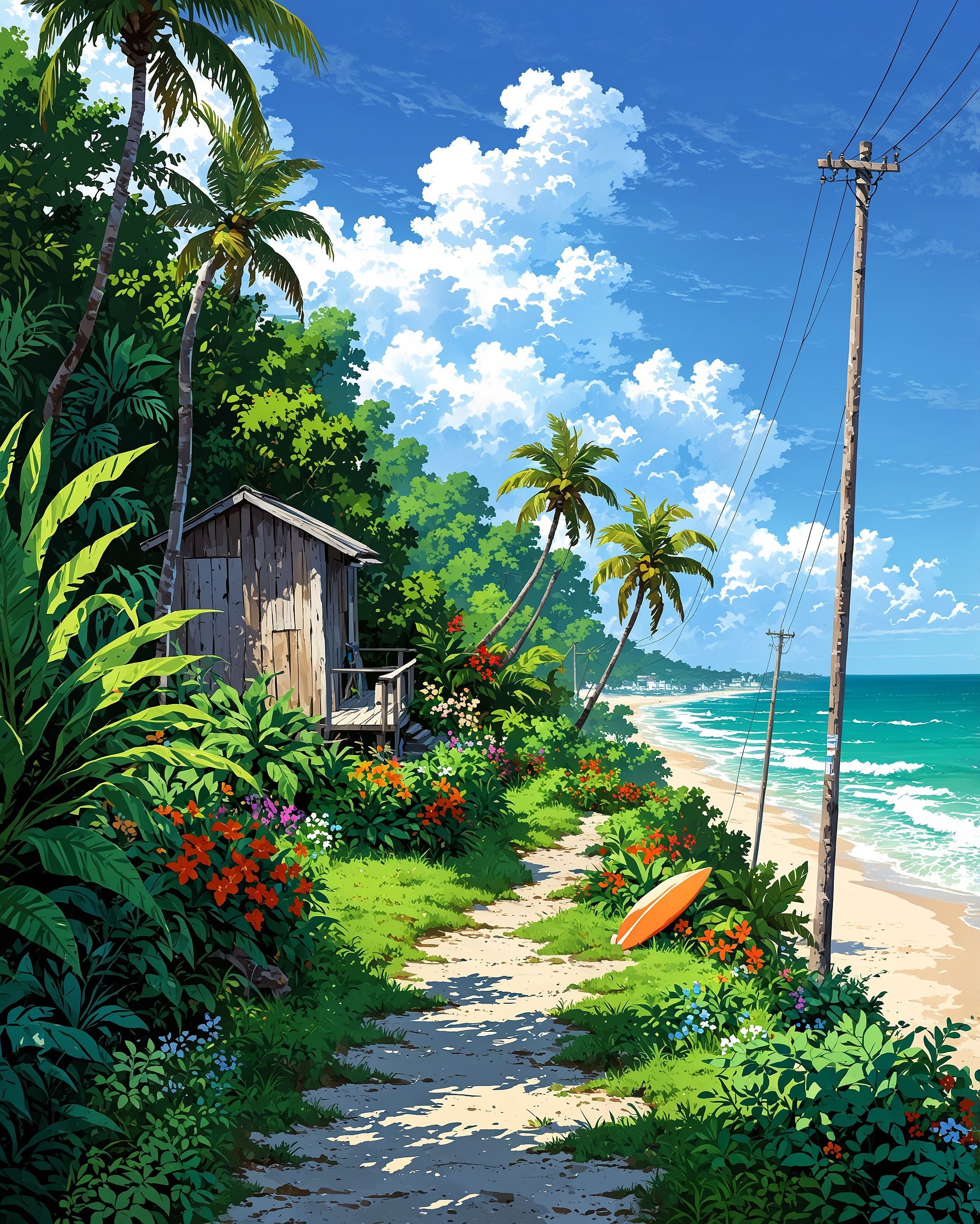 Tropical beach scene with surfboards