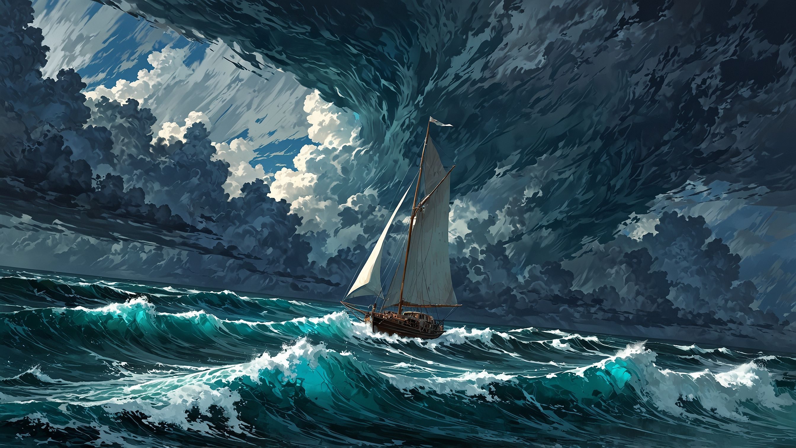 Sailboat navigating through turbulent ocean waves