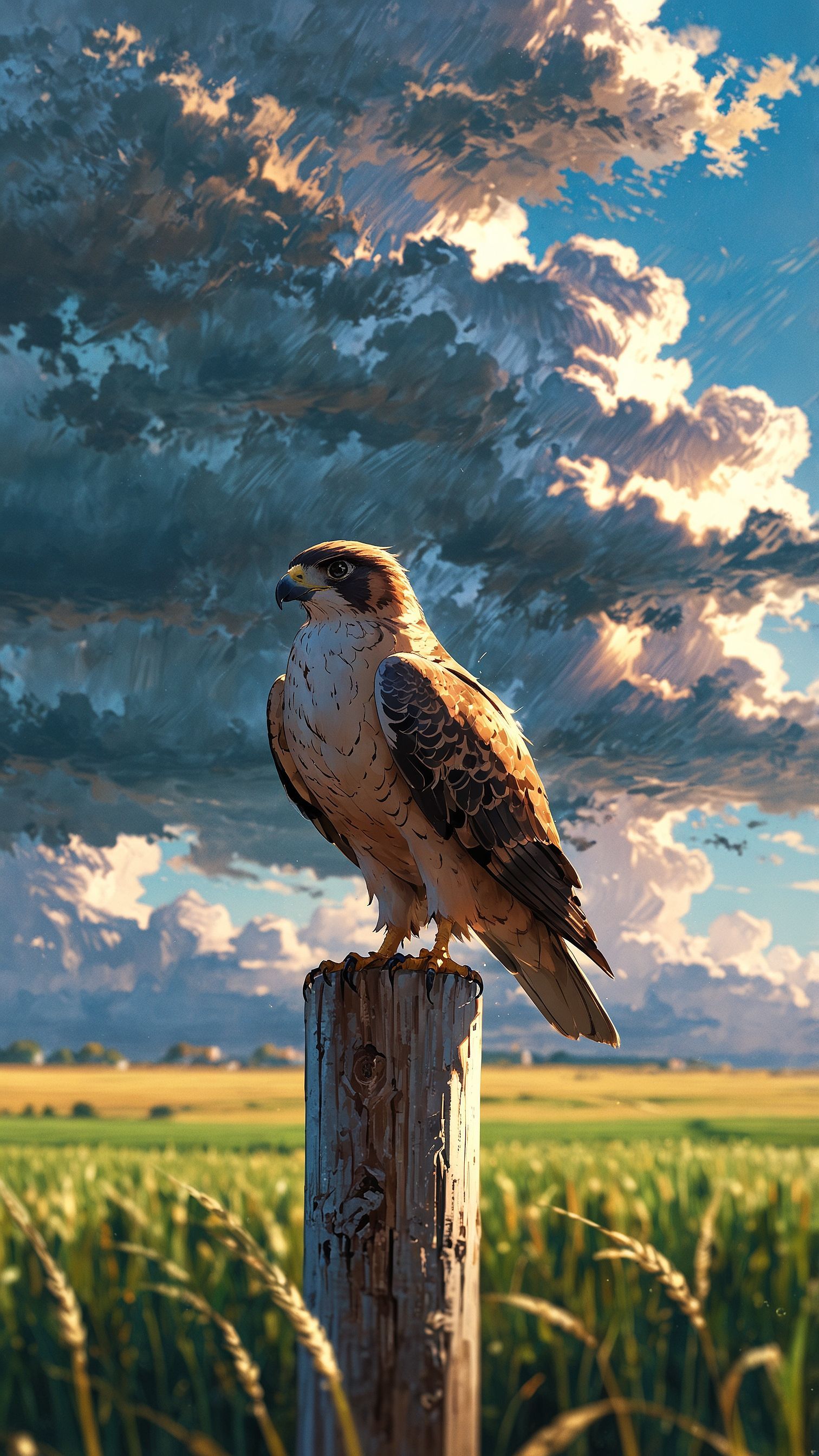 Falcon on wooden post overlooking wheat fields