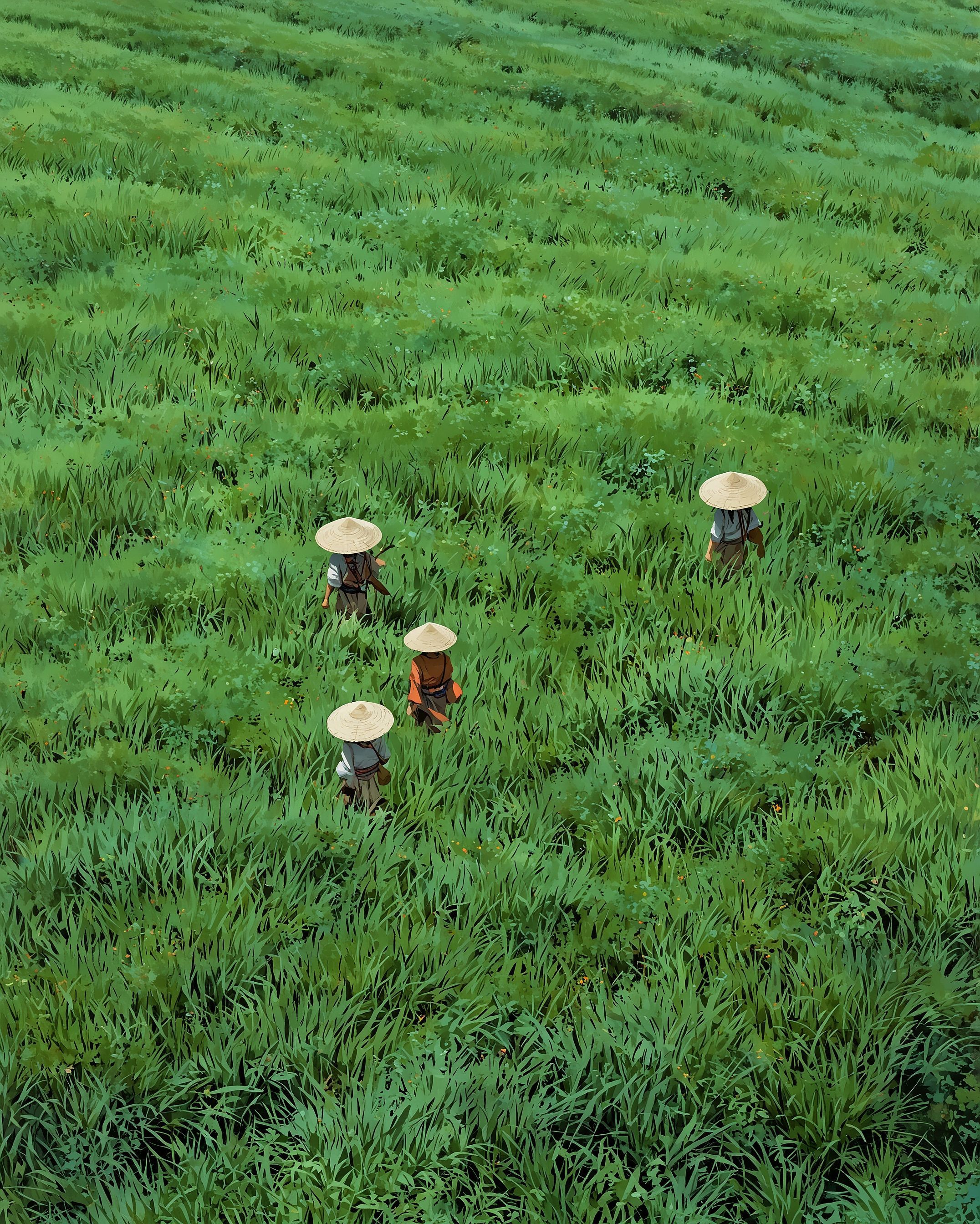 People walking through tall grass field