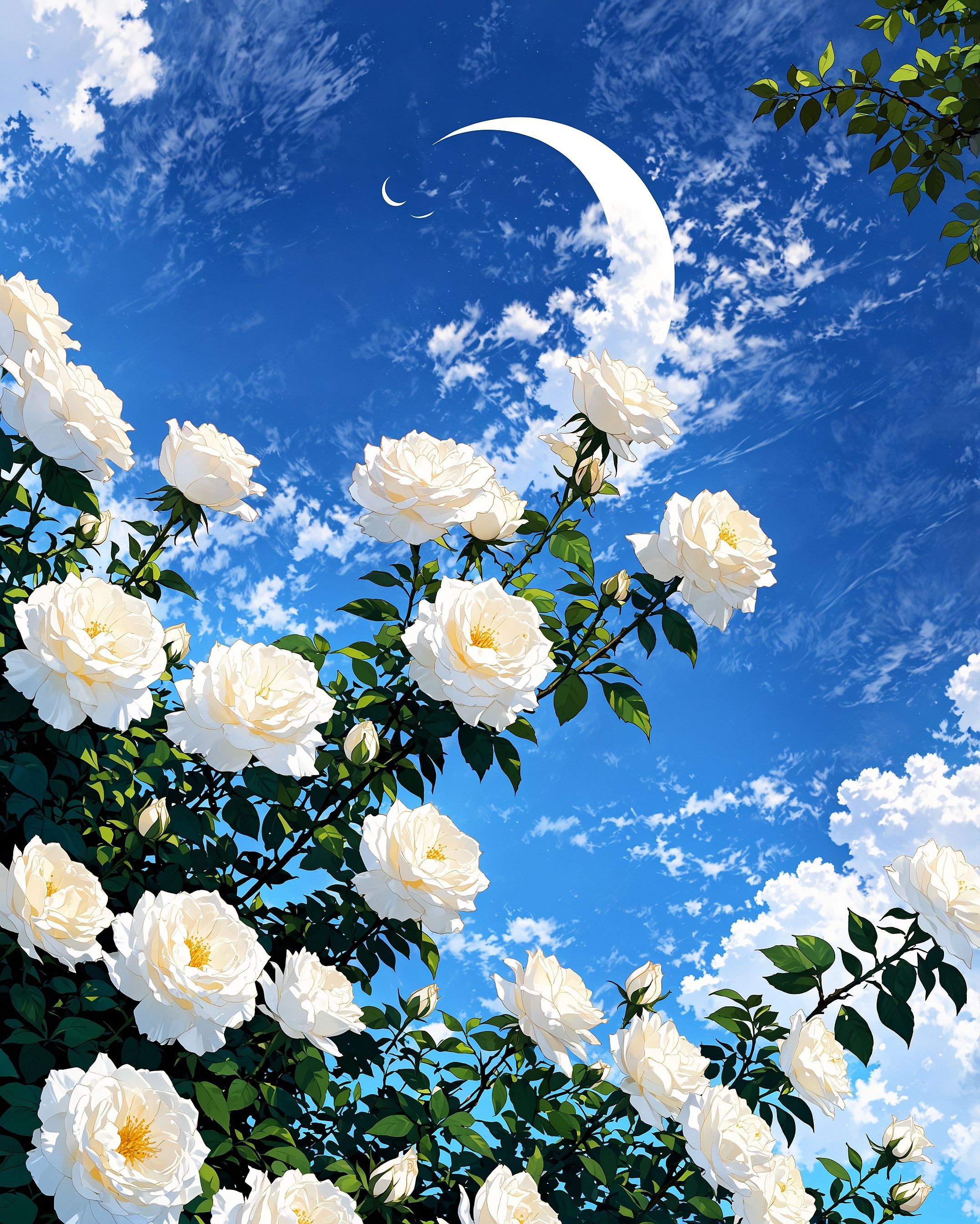 White roses against blue sky