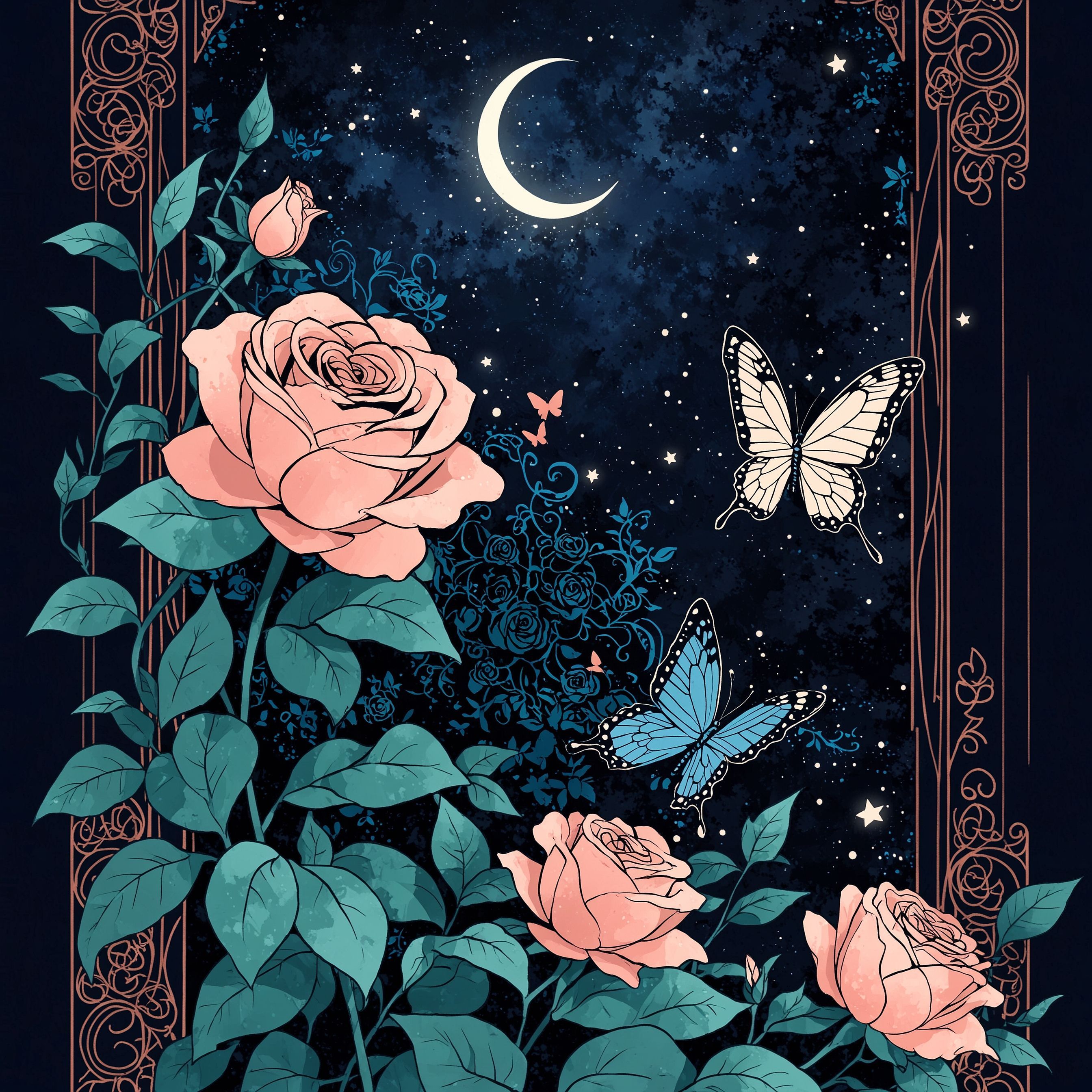 Butterfly on rose at night