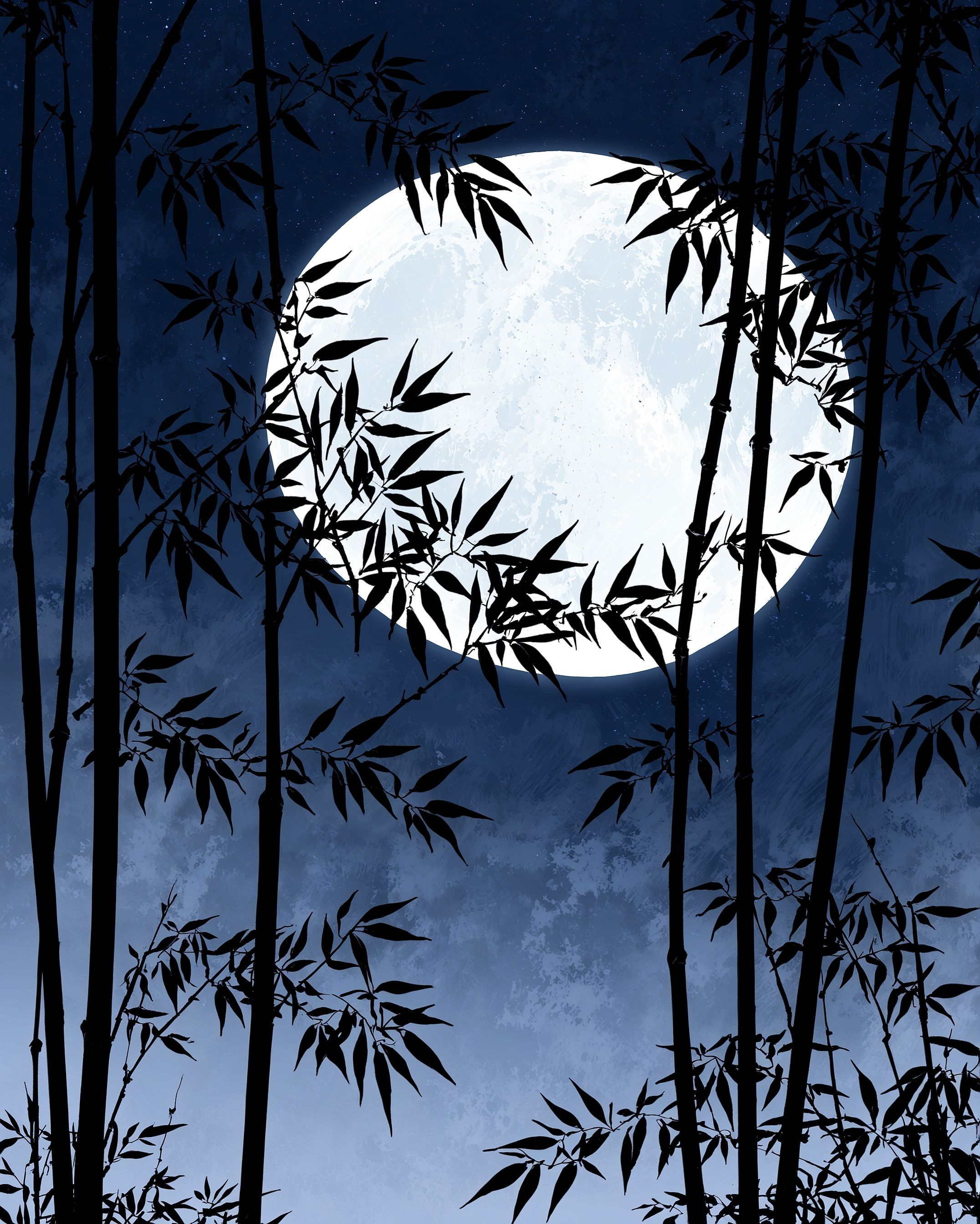 Serene night sky with full moon and bamboo