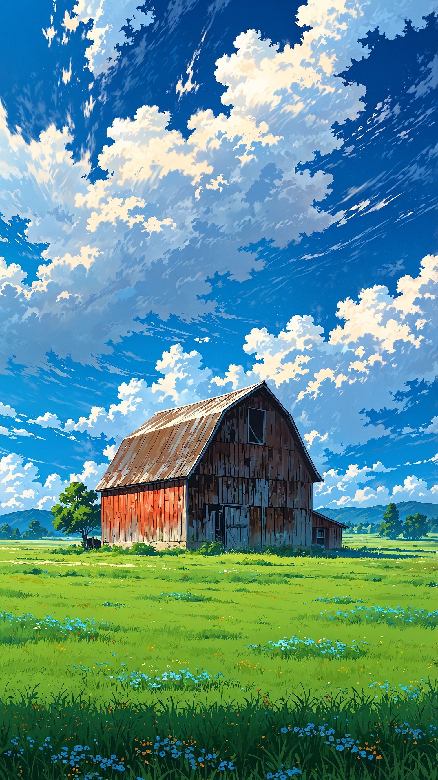 Field with rustic wooden barn