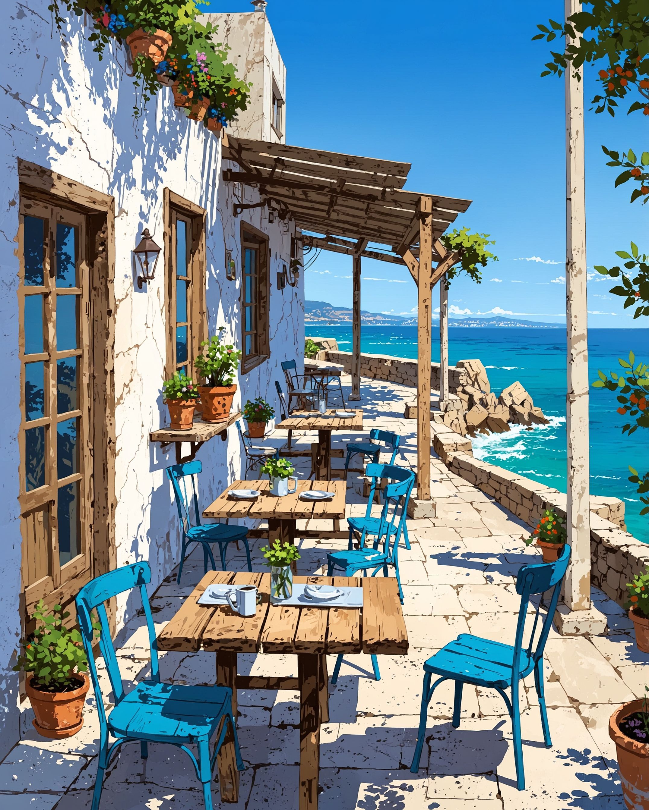 Outdoor dining area with sea view