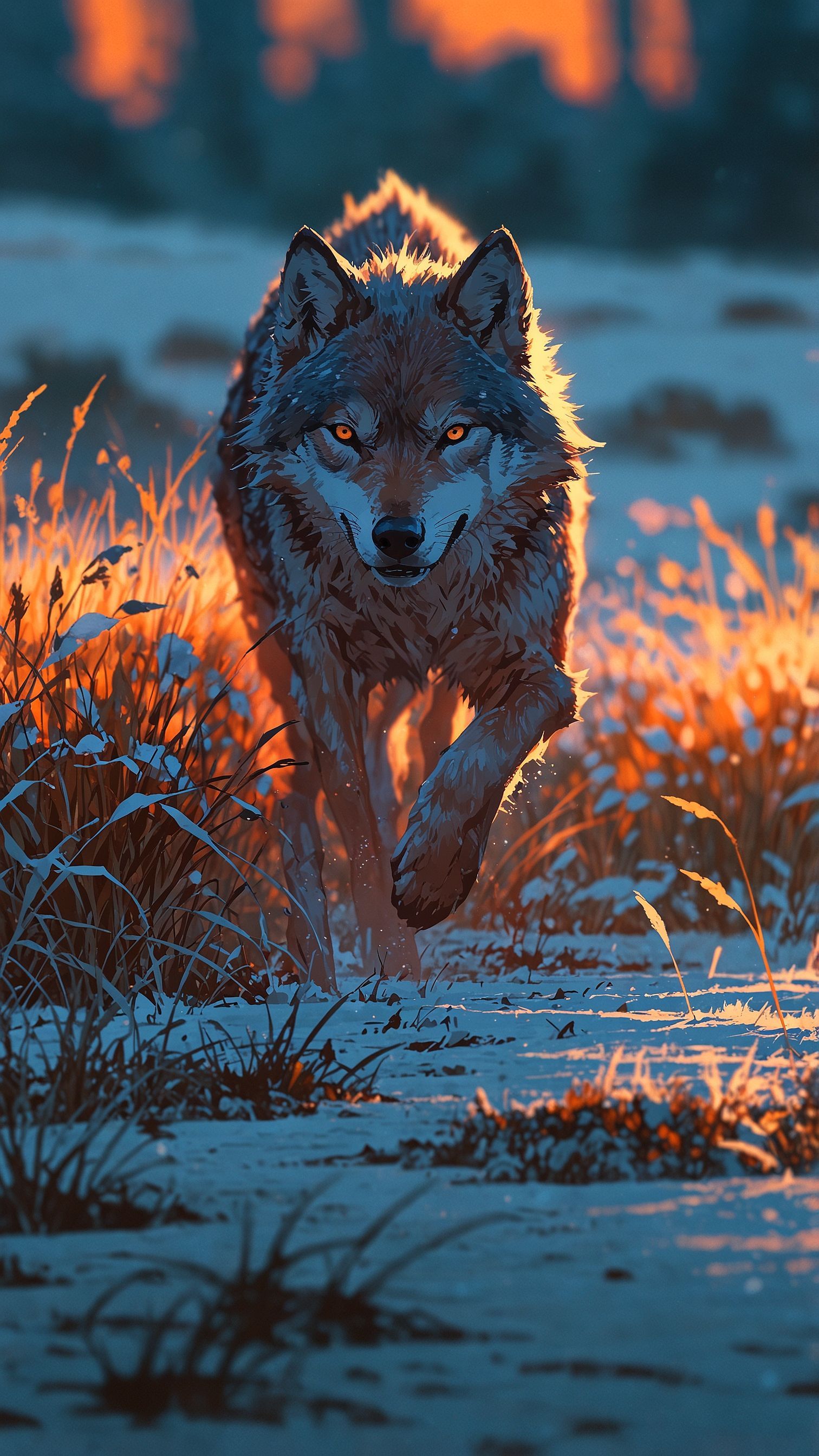 Wolf running through frost-covered grass