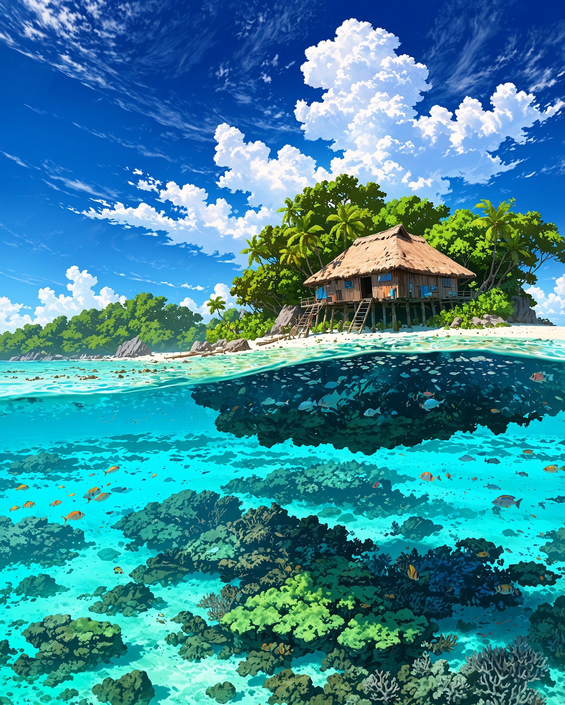 Thatched hut above and below water