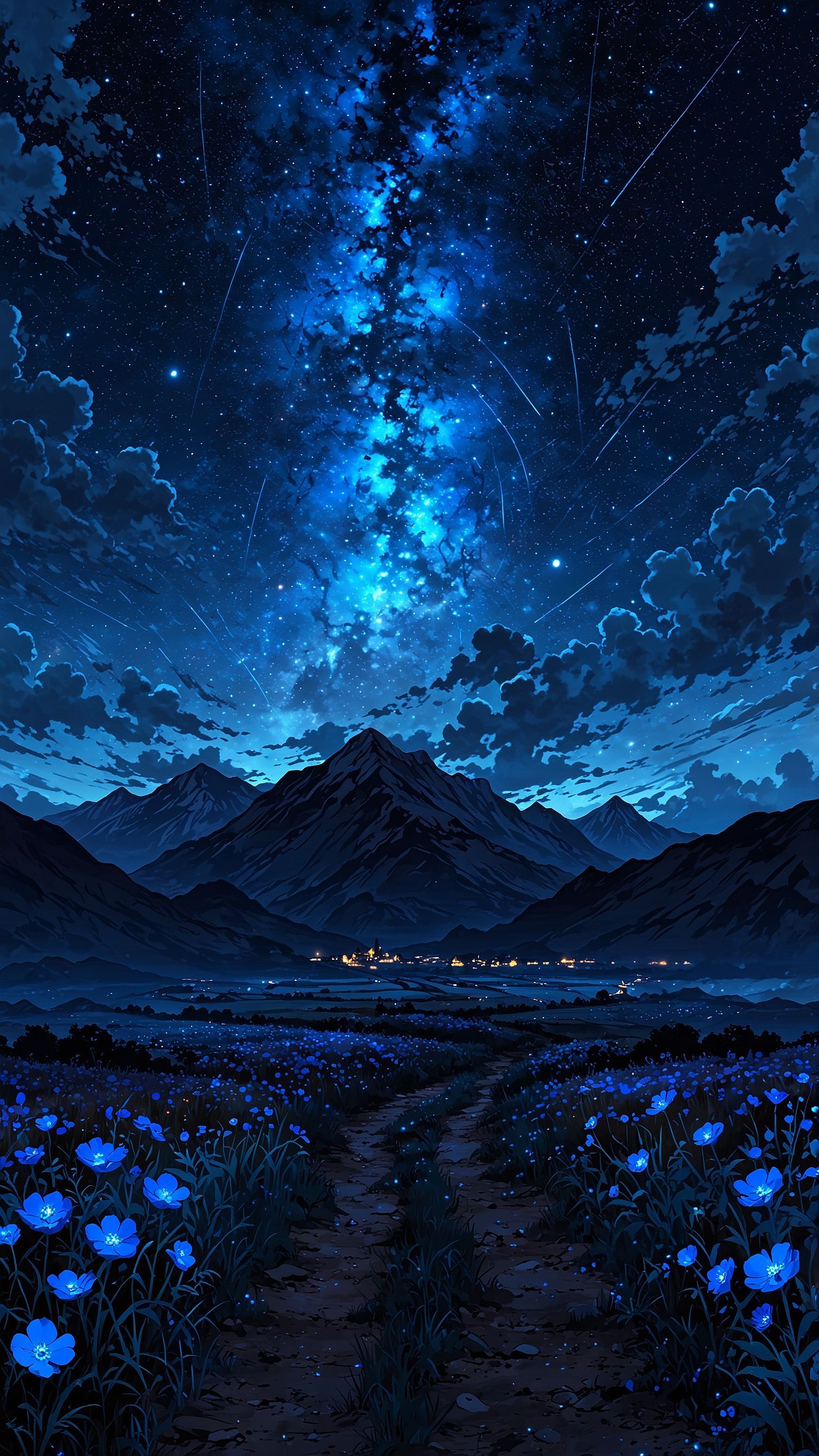 Glowing blue flowers under starry sky