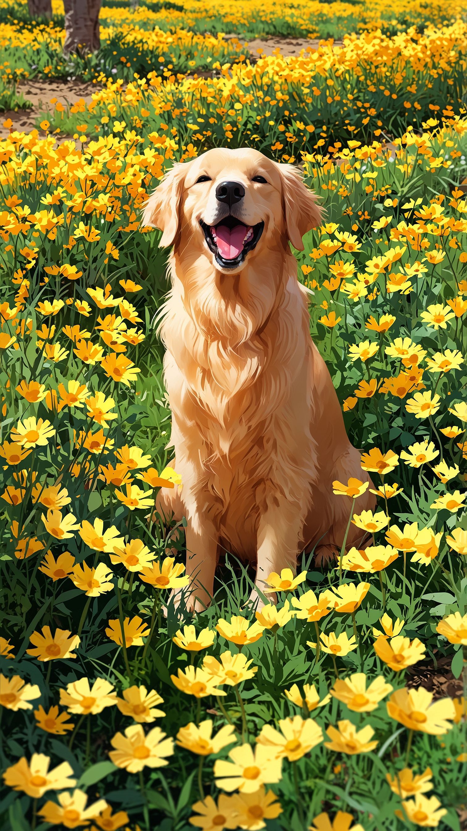 Golden retriever in yellow flowers