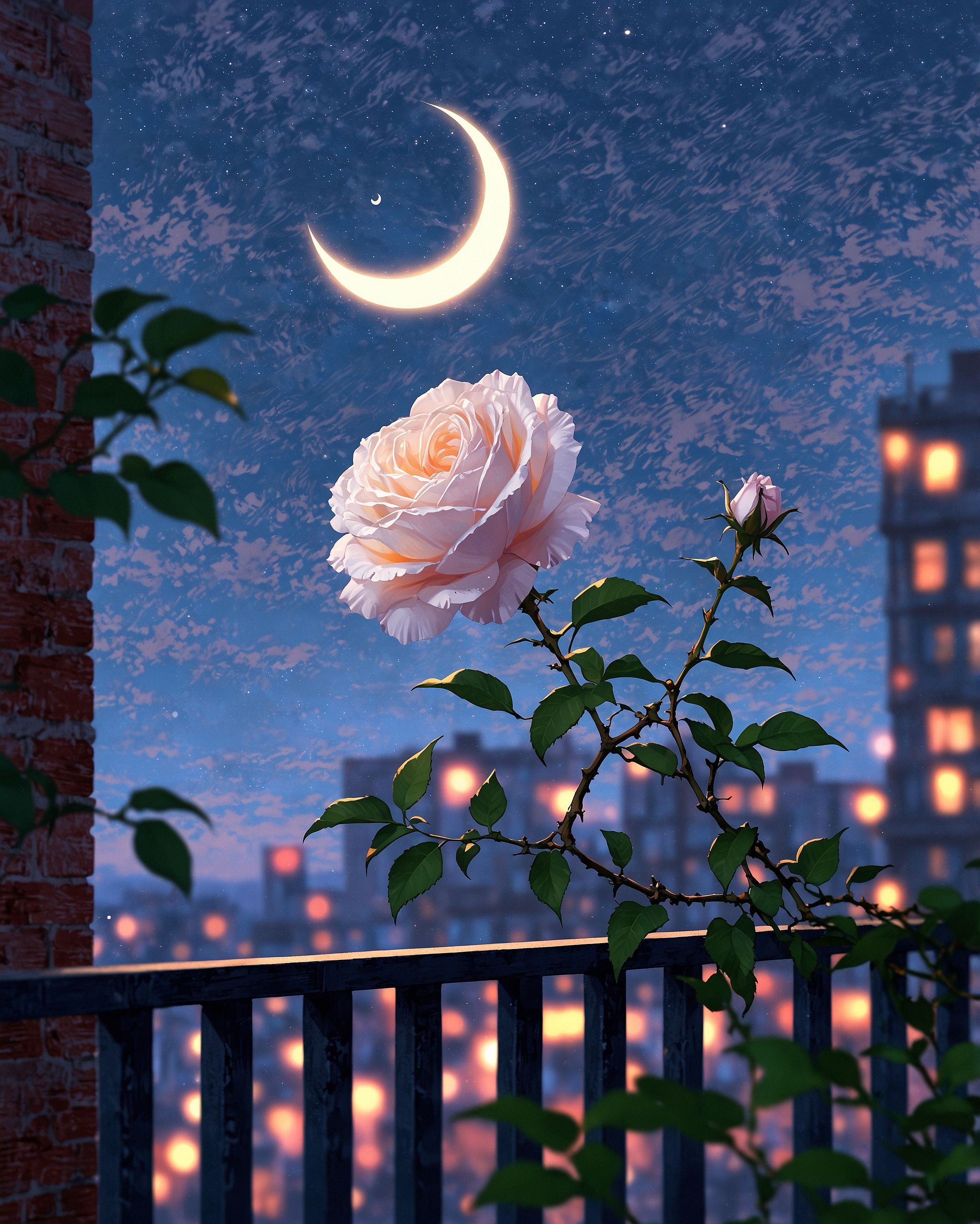 White rose on balcony at dusk