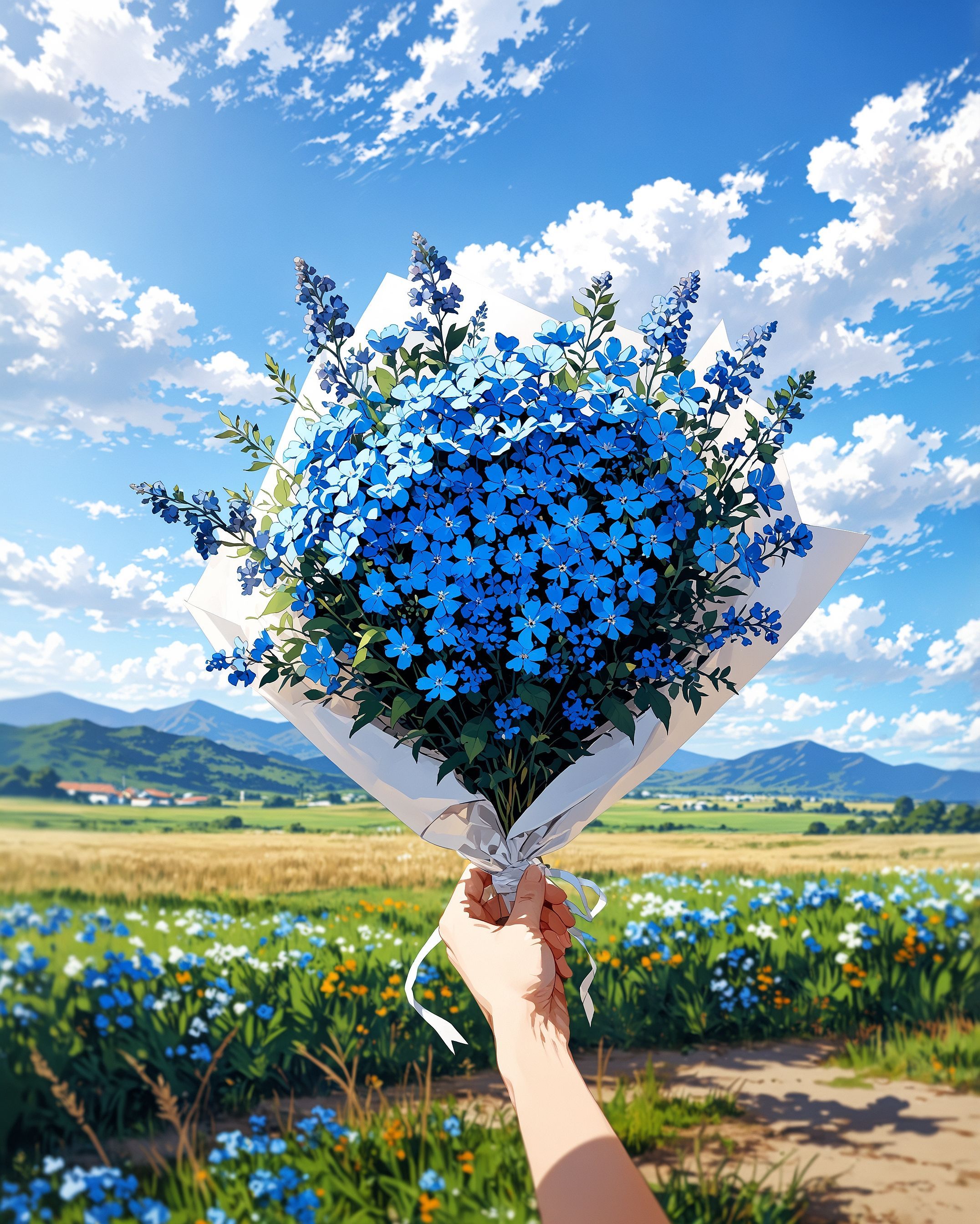 Hand holding blue flower bouquet